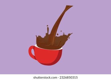 Diseño plano gráfico vertiendo taza de café negro creando salpicaduras. El café se derrama del icono del logotipo de la taza, etiqueta. Vierta café en vidrio de porcelana con vaso de vapor. Ilustración vectorial de estilo de dibujos animados