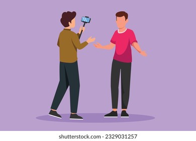 Graphic flat design drawing presenter filming video blog with operator on the street. Man bloggers, journalists filming with professional smartphone and videographer. Cartoon style vector illustration