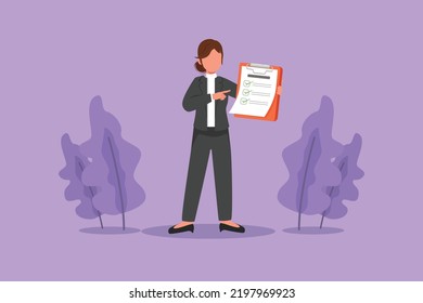 Graphic flat design drawing pretty businesswoman standing and pointing to checklist clipboard. Office worker in formal wear. Employee completed task, questionnaire. Cartoon style vector illustration