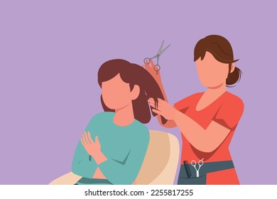 Graphic flat design drawing pretty brunette working as hairdresser and cutting hair tips of female customer in beauty salon. Successful hair style business concept. Cartoon style vector illustration