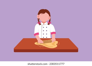 Graphic flat design drawing of pretty little girl stretching dough with rolling pin. Kids making homemade bakery at kitchen. Children doing housework chores at home. Cartoon style vector illustration