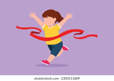 Diseño plano gráfico dibujando a una niña muy pequeña corriendo en carrera y ganando el primer lugar. Niño feliz corriendo para terminar la línea primero, niños actividad física al aire libre. Ilustración vectorial de estilo de dibujos animados