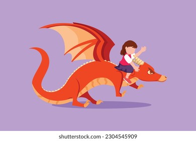 Graphic flat design drawing pretty little girl flying with fantasy dragon. Bravery child fly and sitting on back dragon at the sky. Adorable kids imaginary fairytale. Cartoon style vector illustration