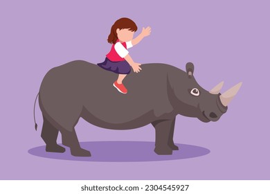 Graphic flat design drawing pretty little girl riding rhino rhinoceros. Cheerful children sitting on back rhinoceros in zoo. Brave kids learning to ride rhinoceros. Cartoon style vector illustration