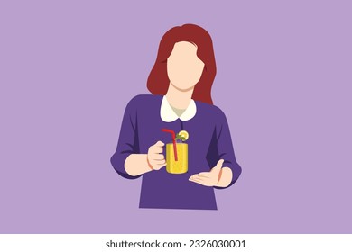 Graphic flat design drawing pretty woman holds and show mug of lemonade with ice in hand. Young beauty girl wearing shirt having morning breakfast with orange juice. Cartoon style vector illustration