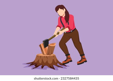 Diseño plano gráfico que dibuja a una hermosa mujer de madera o una maderera con camisa de cuadros, pantalones de honda que cortan madera con hacha en un trozo de árbol. Una mujer con hacha en las manos corta el árbol. Ilustración vectorial de estilo de dibujos animados