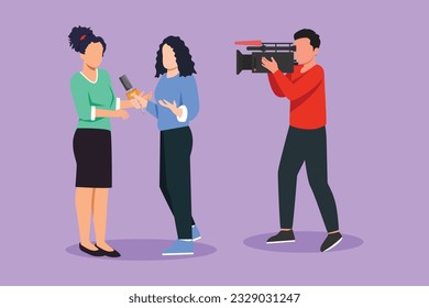 Graphic flat design drawing pretty girl journalist with microphone, interview woman in front of camera. Reporter, cameraman broadcast breaking news at live streaming. Cartoon style vector illustration