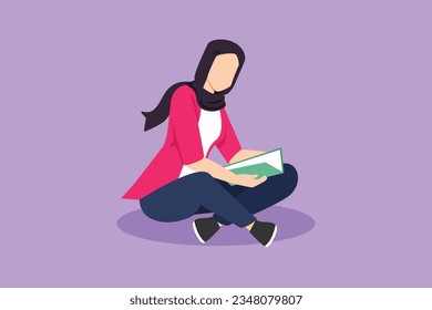 Graphic flat design drawing pretty Arab female sitting on floor and reading book. Beautiful woman spending weekend with books. Leisure activity, repose, relaxation. Cartoon style vector illustration