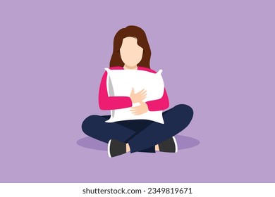 Diseño plano gráfico dibujando a una linda muchacha sentada y abrazando una almohada. Una mujer hermosa se sienta con los ojos cerrados y está a punto de irse a la cama. Relajación y tiempo para dormir. Ilustración vectorial de estilo de dibujos animados