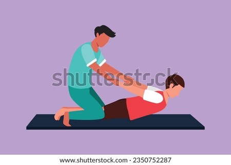 Graphic flat design drawing professional therapist practicing massage therapy. Man patient enjoy wellness spa body treatment. Rehabilitation, physiotherapy treatment. Cartoon style vector illustration