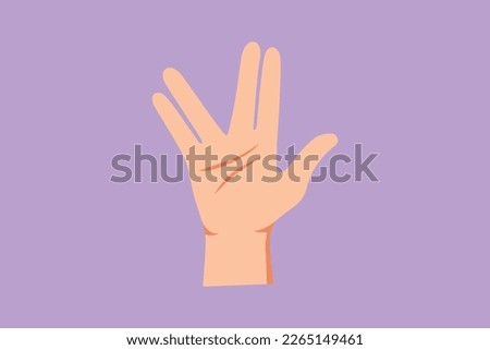 Graphic flat design drawing raised hand with the palm forward and the thumb extended, while the fingers are parted between middle and ring finger on blue background. Cartoon style vector illustration
