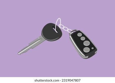 Diseño plano gráfico dibujar teclas de auto realistas color negro aislado en fondo azul. Conjunto de símbolos y símbolos del sistema de alarmas y la vista frontal y posterior de la llave electrónica del coche. Ilustración vectorial de estilo de dibujos animados