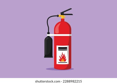 Diseño plano gráfico que dibuja la protección del extintor de incendios rojo con boquilla. Equipo portátil de extinción de incendios del departamento de bomberos. Herramienta o instrumento profesional. Ilustración vectorial de estilo de dibujos animados