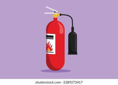 Graphic flat design drawing red fire extinguisher protection and nozzle  Portable fire extinguishing equipment from fire department  Professional tool instrument  Cartoon style vector illustration