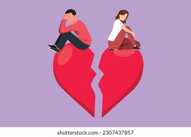 Graphic flat design drawing relationship break up, broken heart, couple facing opposite direction. Handsome man and beautiful woman sitting on big broken heart shape. Cartoon style vector illustration