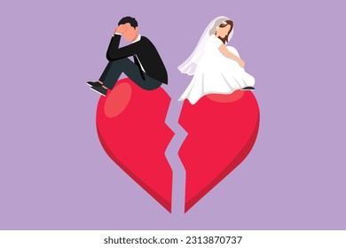 Diseño plano gráfico de la relación se rompe, corazón roto, pareja frente a dirección opuesta. Hombre y mujer de pareja casada sentados en forma de corazón roto. Ilustración vectorial de estilo de dibujos animados