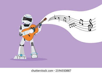 Robot gráfico de diseño plano que toca ukulele o guitarra pequeña y canta divirtiéndose. Carácter de inteligencia artificial robótica. Industria de la tecnología electrónica. Ilustración vectorial de estilo de dibujos animados