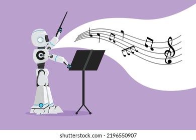 Graphic flat design drawing robot music conductor directing symphony orchestra. Future technology. Artificial intelligence and machine learning processes. Cartoon style character vector illustration