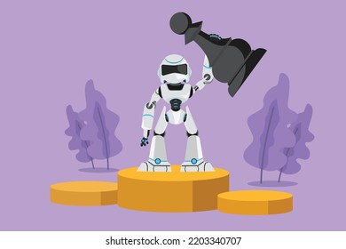 Graphic flat design drawing robot holding and lifting pawn chess piece at first champion stage. Winning game. Future technology development. Artificial intelligence. Cartoon style vector illustration