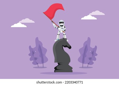 Graphic flat design drawing robot standing on top of big horse knight chess and waving flag. Winning competition. Technology development. Machine learning processes. Cartoon style vector illustration
