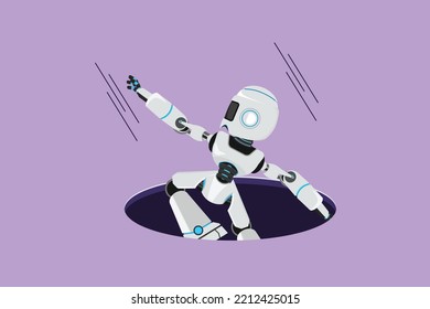 Grafischer Flachbildziehroboter fiel in die unterirdische Abwasserkanalisation. Technischer Geschäftsausfall. Künftige Technologieentwicklung. Künstliche Intelligenzmaschinenerfahrung. Cartoon-Stil, Vektorgrafik