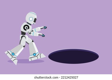 Robot gráfico de diseño plano mirando el agujero negro. Oportunidad de negocio tecnológico, exploración o desafío. Desarrollo tecnológico futuro. Inteligencia artificial. Ilustración vectorial de estilo de dibujos animados