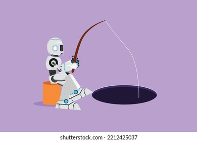 Graphic flat design drawing of robot sit and holding fishing rod from hole. Make money from idea. Future technology. Artificial intelligence machine learning process. Cartoon style vector illustration