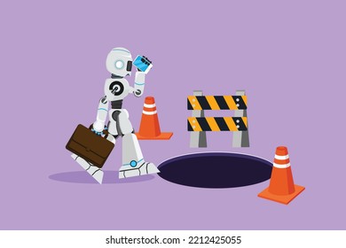 Graphic flat design drawing of robot talking on smartphone and walking to business trap. Future technology development. Artificial intelligence and machine learning. Cartoon style vector illustration