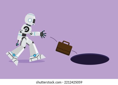 Graphic Flat Design Drawing Of Robot Throws Briefcase Into Hole. Failed To Take Advantage Of Tech Business Opportunities. Future Technology. Artificial Intelligence. Cartoon Style Vector Illustration