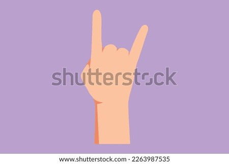 Graphic flat design drawing rock on gesture symbol. Heavy metal hand gesture. Nonverbal signs or symbols. Hand variation shape concept. Rock n roll band music icon. Cartoon style vector illustration