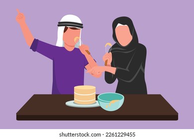 Graphic flat design drawing romantic Arab couple singing while cooking sweet cake together, using spatula as microphones. Cheerful man and woman working at kitchen. Cartoon style vector illustration