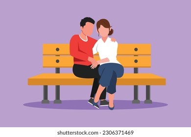 Graphic flat design drawing romantic couple dating at park. Cute man and woman sitting on bench in city park. Happy family. Intimacy celebrates wedding anniversary. Cartoon style vector illustration