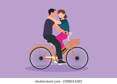 Graphic flat design drawing of romantic couple riding on bike together. Happy man and woman cyclist hugging and kissing each other. People enjoying outdoors activity. Cartoon style vector illustration