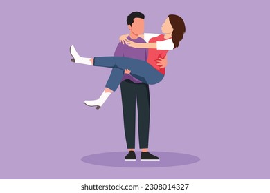Graphic flat design drawing romantic female in love kissing on lap male. Happy man carrying beautiful woman celebrating wedding anniversary. Lovely romantic couple. Cartoon style vector illustration