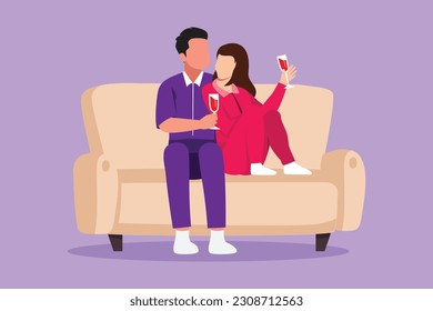Graphic flat design drawing romantic couple sitting sofa  talking   drinking coffee  Happy man   woman have relaxing day off at living room  Romance   love  Cartoon style vector illustration