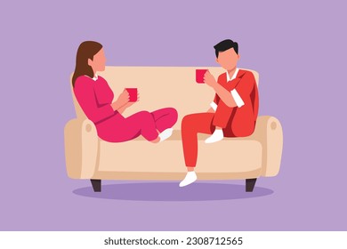 Graphic flat design drawing romantic couple sitting at sofa  talking   drinking coffee  Man   woman living together in cozy apartment  Romance   love concept  Cartoon style vector illustration