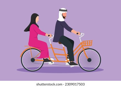 Graphic flat design drawing romantic couple riding bicycle together. Happy Arabian couple riding tandem bicycle. Happy family. Intimacy celebrate wedding anniversary. Cartoon style vector illustration