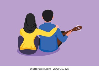 Graphic flat design drawing romantic couple playing guitar on summer season. Woman hugging her boyfriend, sitting at park with guitar. Arab couple dating on outdoor. Cartoon style vector illustration