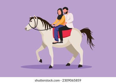 Graphic flat design drawing romantic Arab couple in love horseback riding. Happy handsome man and pretty woman getting ready for wedding. Engagement, love relation. Cartoon style vector illustration