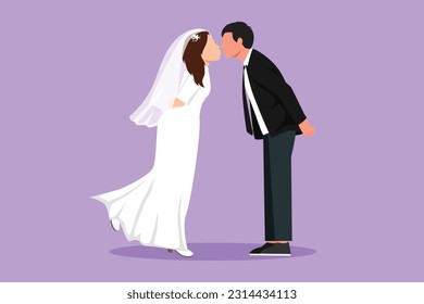 Diseño gráfico plano dibujando a pareja romántica casada en amor y besándose. Hombre feliz con traje y mujer bonita con vestido de novia celebrando el aniversario de la boda. Ilustración vectorial de estilo de dibujos animados