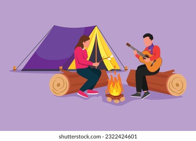 Graphic flat design drawing romantic couple summer camp. Man playing guitar and woman sitting by fireplace on log. Bonfire with frying marshmallow. Outdoor vacation. Cartoon style vector illustration