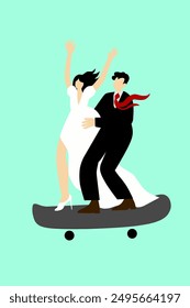 Graphic flat design drawing romantic married couple on skateboard. Sweet couple celebrate wedding party. Flat vector illustration. 