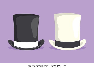 Graphic flat design drawing set of black and white big gentleman hat cylinder with ribbon. Vintage top hat. Old fashioned clothes. Elegant magic hat. Gentleman style. Cartoon style vector illustration