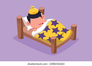 Graphic flat design drawing sick little boy with high fever. Child is sick with flu or coronavirus. Little kid lying in bed feel so bad with fever. Healthcare symbol. Cartoon style vector illustration