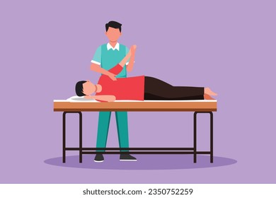 Graphic flat design drawing sick man patient lying on massage table therapist doing healing treatment massaging injured hand manual physical therapy rehabilitation. Cartoon style vector illustration