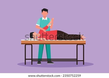 Graphic flat design drawing sick man patient lying on massage table therapist doing healing treatment massaging injured hand manual physical therapy rehabilitation. Cartoon style vector illustration