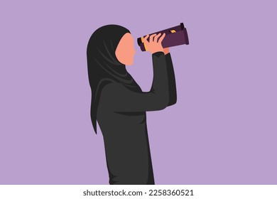 Graphic flat design drawing side view Arab businesswoman looking in distance with binoculars. Enjoy beauty nature as far as the eye can see. Find interesting object. Cartoon style vector illustration