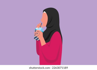 Graphic flat design drawing side view of Arab woman using straw and drinking smoothie juice from plastic cup. Female feel thirsty and try to refresh in hot summers. Cartoon style vector illustration