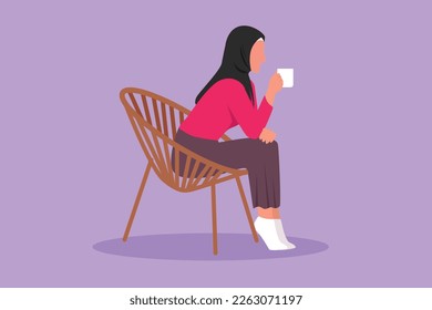 Graphic flat design drawing side view of relaxed Arabian girl sitting in lounge chair, watching TV with hot coffee at home. Tea time or take break after office hour. Cartoon style vector illustration