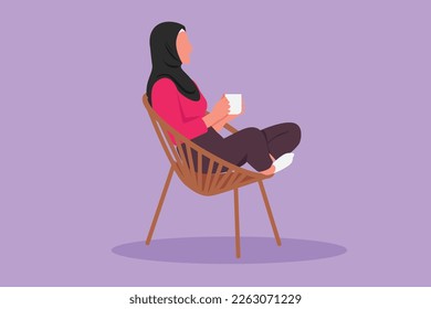 Graphic flat design drawing side view of relaxed Arabian woman sitting in lounge chair, enjoying free time with hot coffee. Tea time or take break after office hour. Cartoon style vector illustration